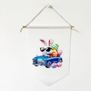 Cool Bunny in Car Easter Wall Banner – 18x12 Indoor/Outdoor Décor